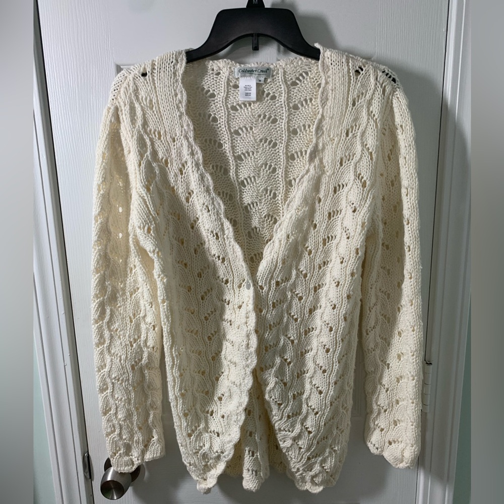 Coldwater Creek Open-Front Cable Knit Cardigan - Cream